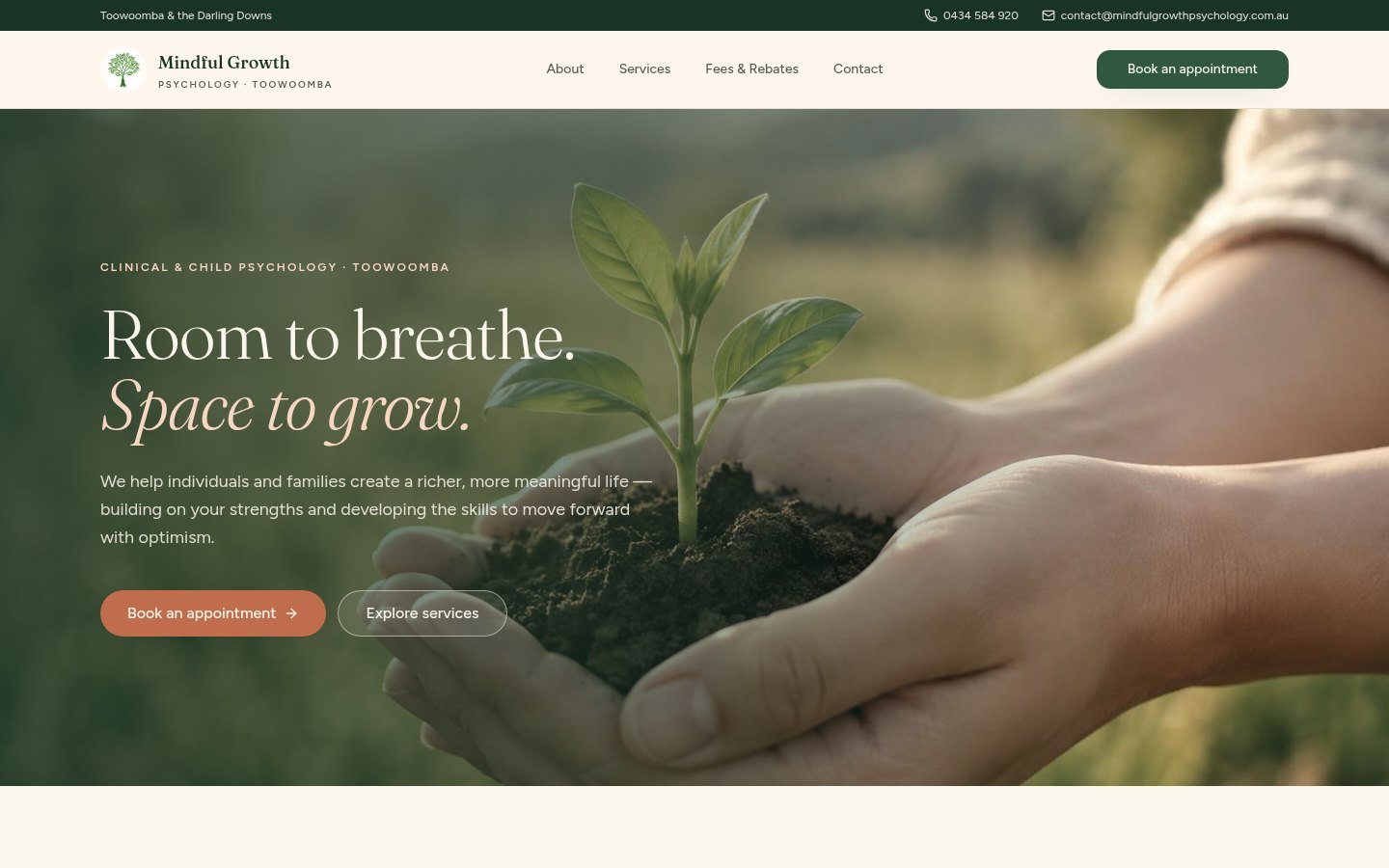 Redesigned Mindful Growth Psychology homepage